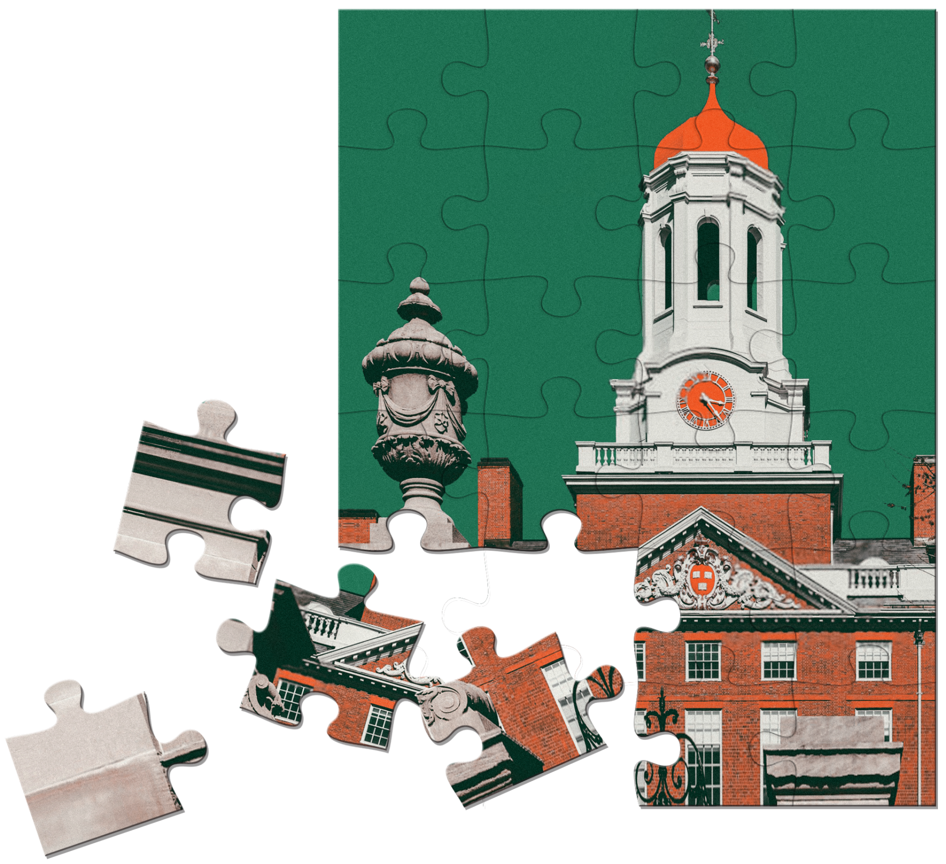 A partially completed puzzle of a college campus building.