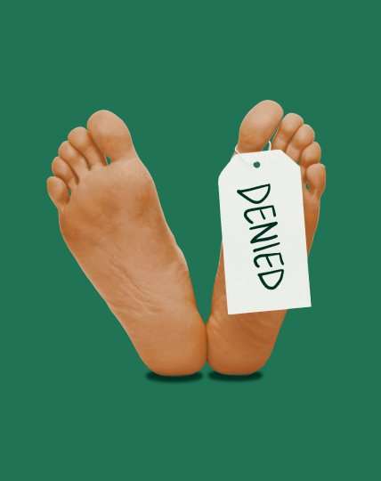 This is a graphic of feet hung with a tag that reads "DENIED," set against a green backdrop.