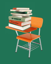 This is a graphic of an orange classroom chair stacked with textbooks set against a green backdrop.