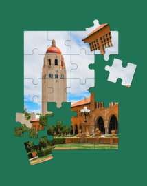 This is a graphic of a puzzle of Stanford University set against a green backdrop.