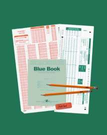 This is a graphic of a standardized test blue book, scantrons, pencils, and an eraser set against a green backdrop.