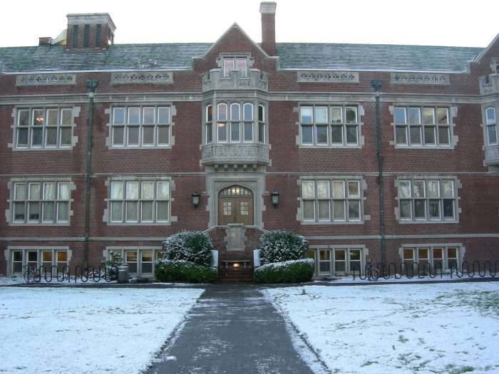 A college dorm is featured during the winter.