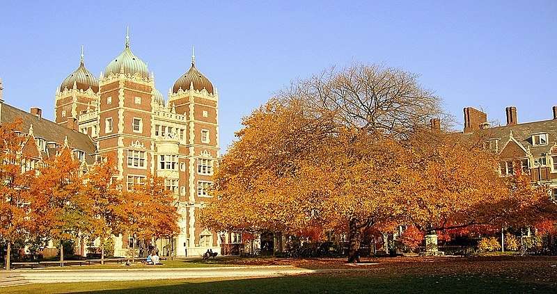 Bright orange leaves obscure an elaborate university building.
